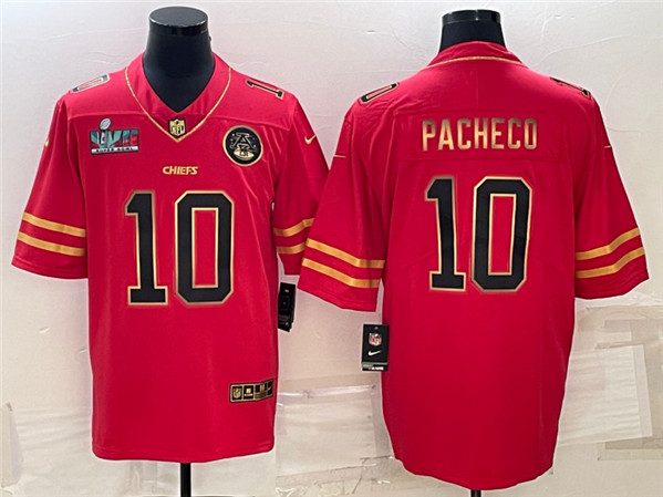 Men??s Kansas City Chiefs #10 Isiah Pacheco Red Gold Super Bowl LVII Patch Vapor Untouchable Limited Stitched Jersey